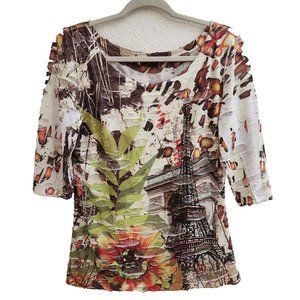 Fantazia Multi-Colored Scoop Neck Artsy Abstract 3/4 Sleeve Pullover Blouse sz S